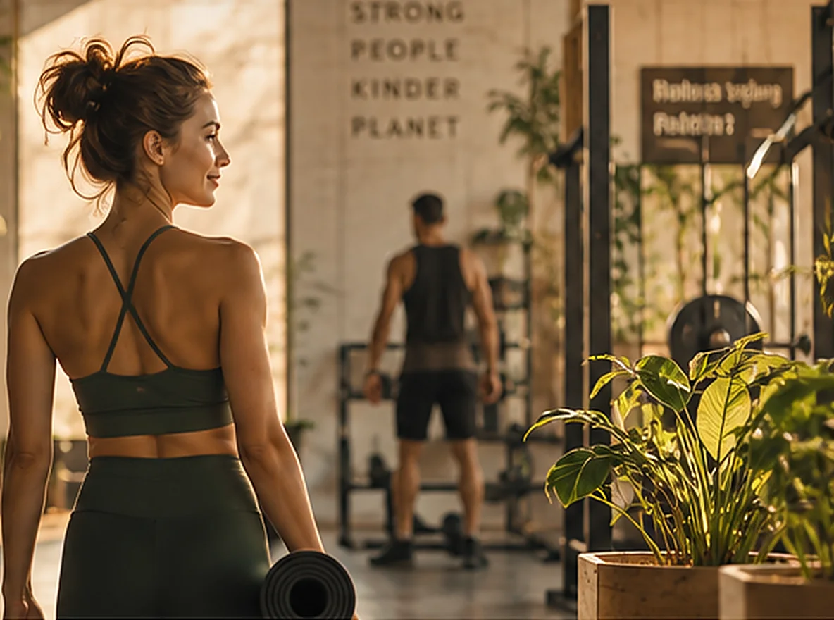 Sportlerin mit Yogamatte in einem hellen Studio voller Pflanzen