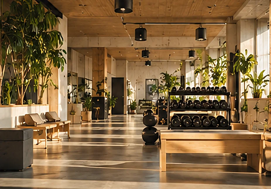 So stellen wir uns ein Gainzone Studio vor Ort vor: heller Trainingsbereich mit Holzbänken, Hanteln und vielen Pflanzen